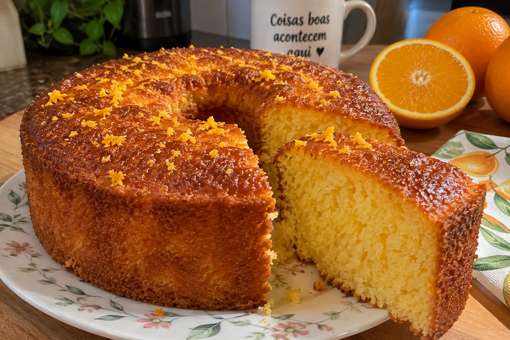 Bolo de laranja fofinho caseiro cortado mostrando o interior macio e úmido