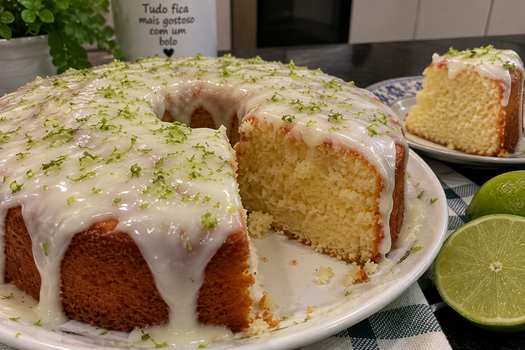 Bolo de lim&atilde;o com cobertura cremosa mostrando uma fatia macia e fofinha