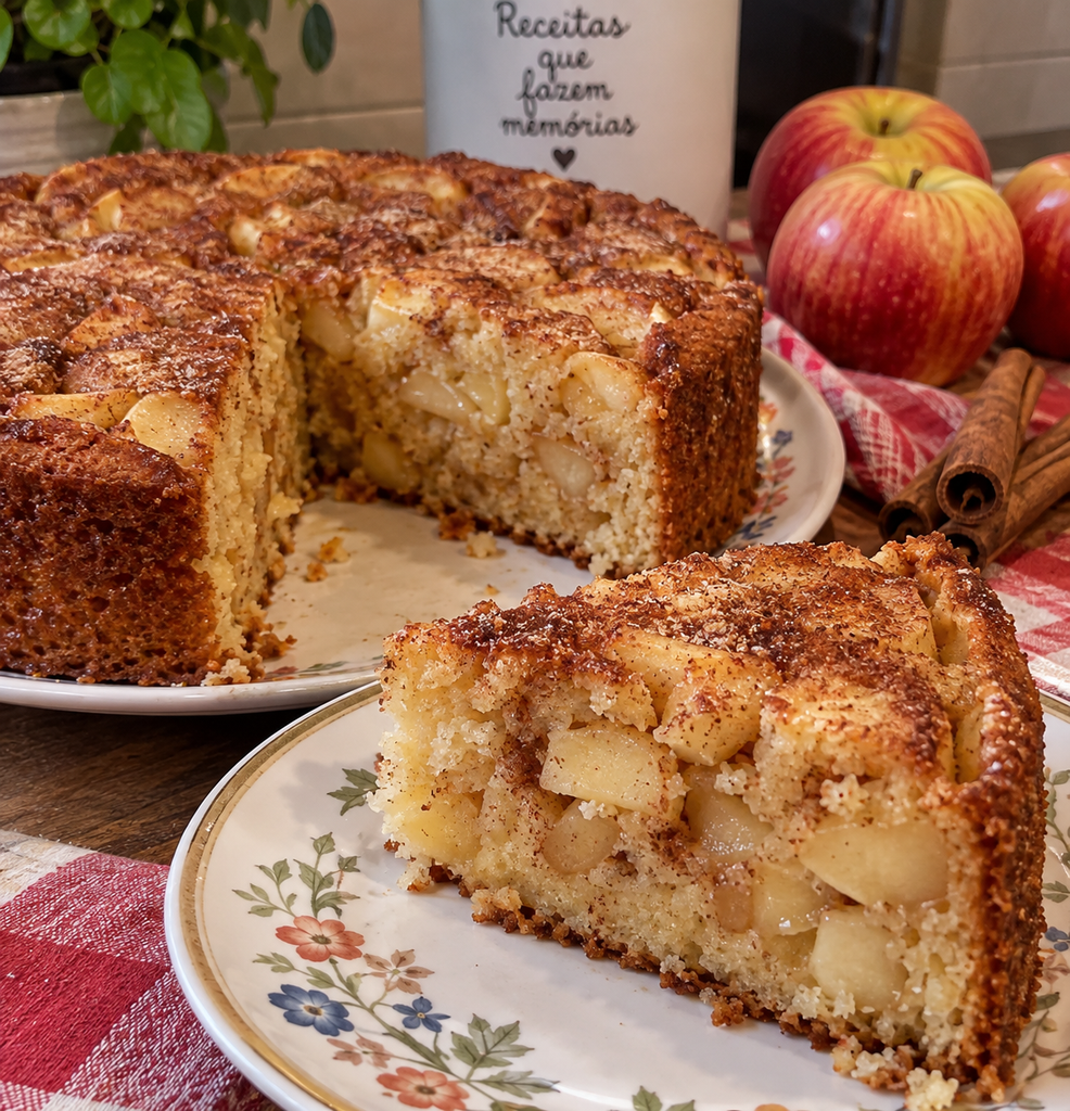 Bolo de maçã com canela fácil e caseiro com superfície caramelizada