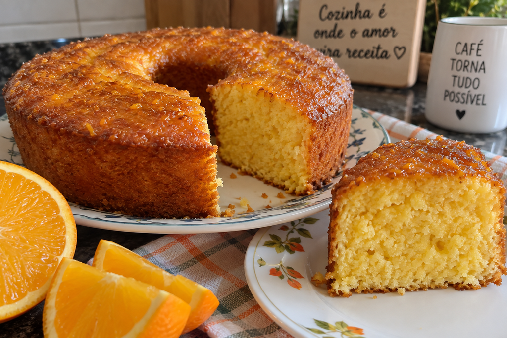 Close de bolo de laranja fofinho e úmido com casquinha dourada e raspas de laranja