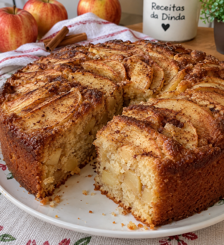 Close de bolo de maçã fofinho e úmido com pedaços da fruta e canela