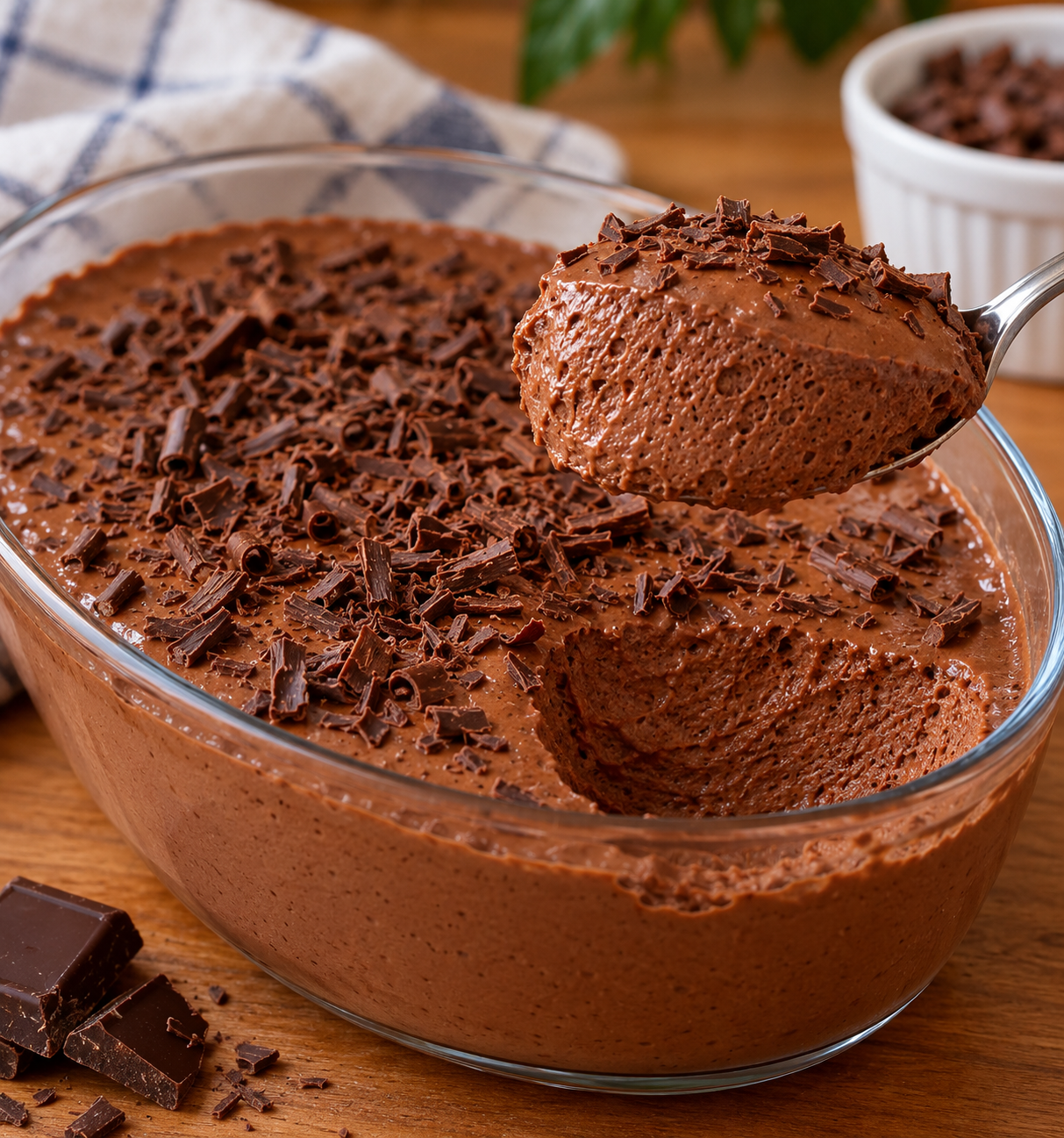 Close de mousse de chocolate fácil mostrando textura cremosa e leve