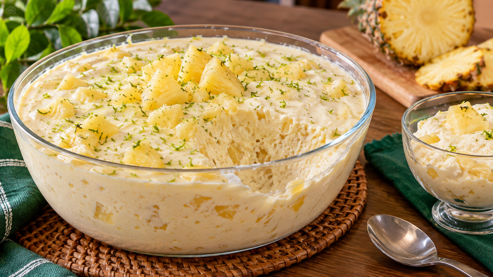 Mousse de abacaxi refrescante servido em travessa e taça com coco e pedaços de fruta