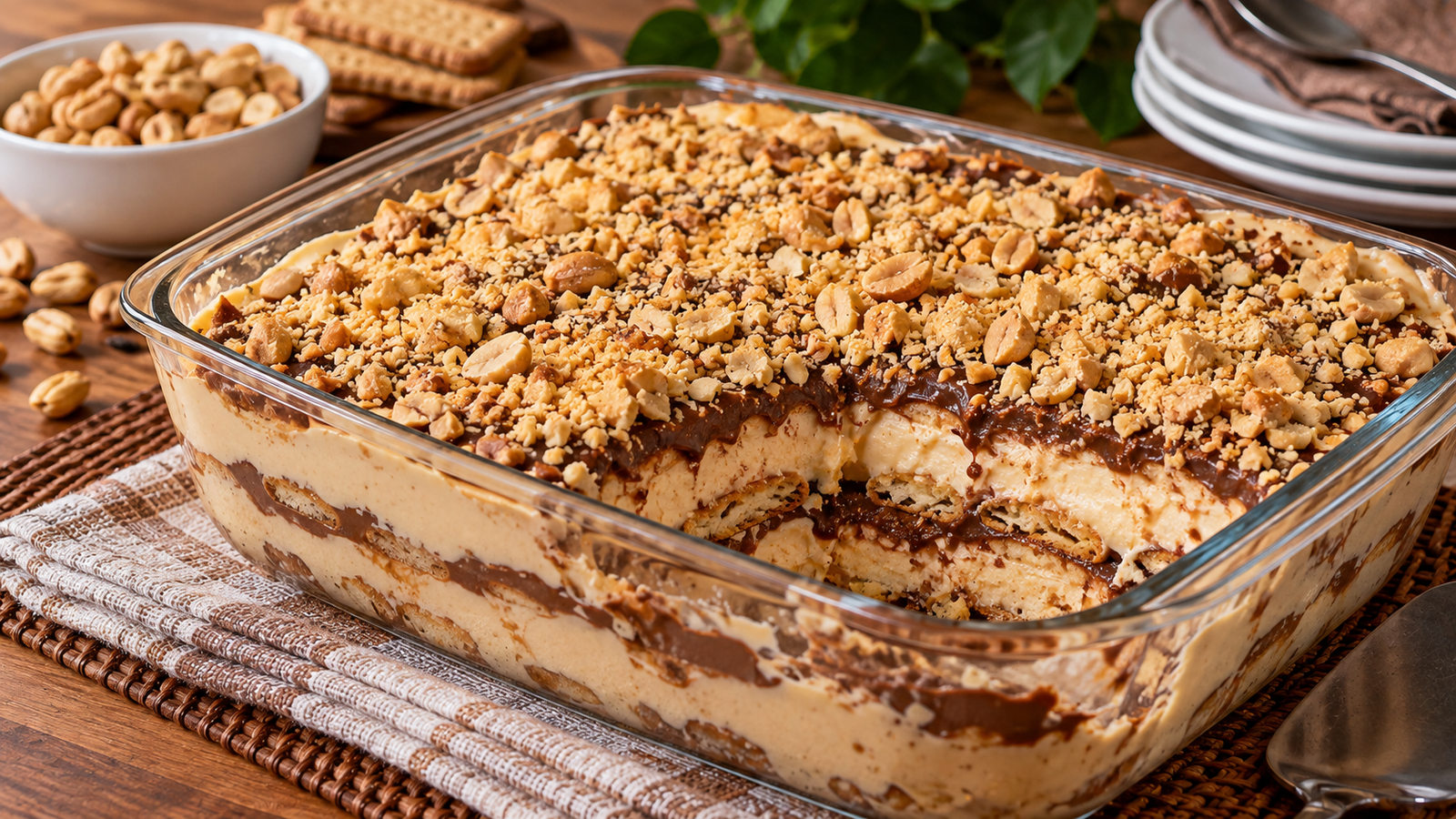 Porção de pavê de amendoim fácil sendo retirada da travessa com creme e biscoitos